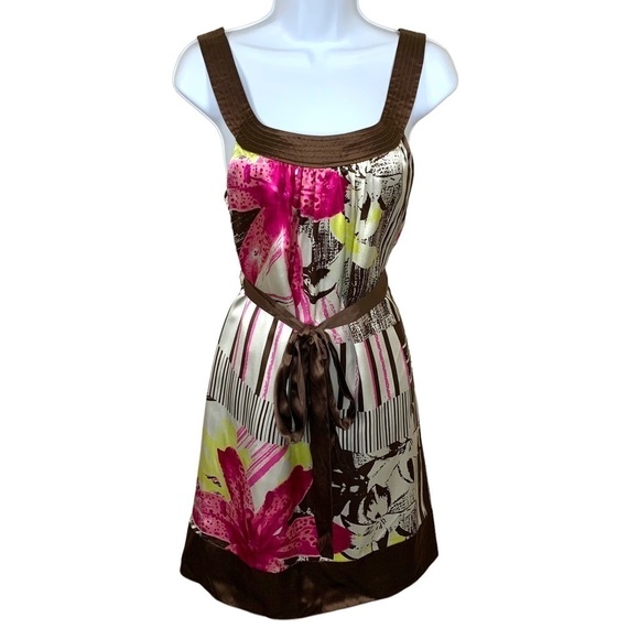 Size 4 Silk Multicolored Floral Oc By Oc Belted Dress Sleeveless Satin Pullover - Picture 1 of 11